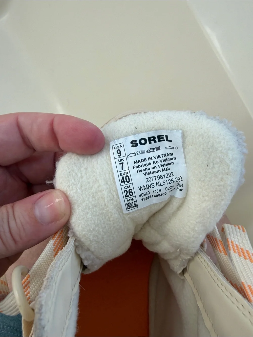 Sorel Cream Suede Sherpa Lace-Up Boots with Peach-Striped Laces